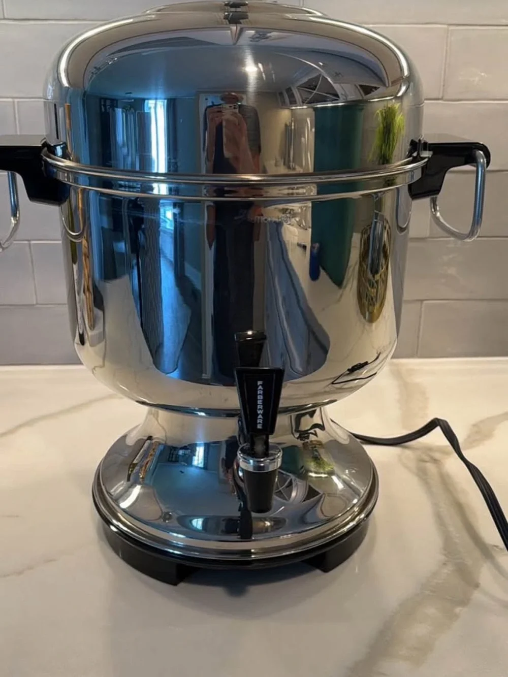 Farberware Polished Silver Stainless Steel Coffee percolator with Black Spigot